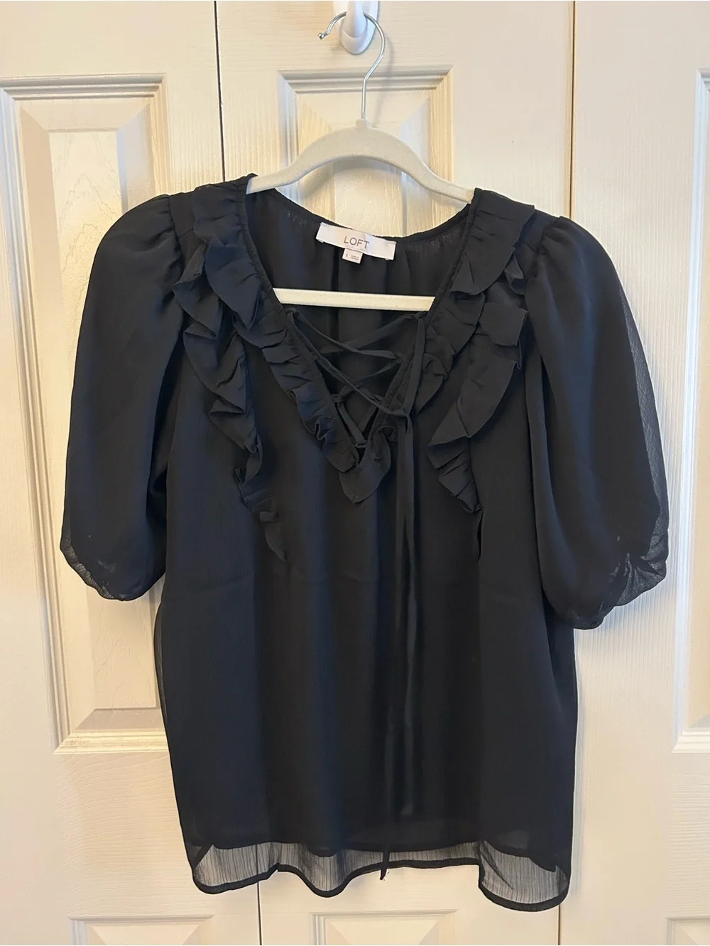 LOFT Black Ruffle Lace-Up V-Neck Puff Sleeve Blouse